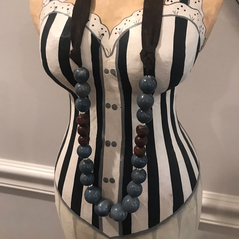 Blue stone and wood beaded suede necklace